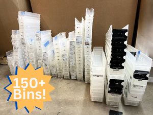 MSRP $800 Lot of 150+ Akro-Mils 30124 &amp; 30110 AkroBins Shelf Bins&nbsp;- Perfect for Garage, Workshop, or Warehouse Organization - Many Have Attached Label Holders - Great Condition!