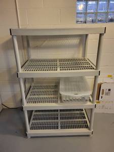 lot 209 image: Gray Plastic 4-Shelf Storage Rack with Lidded Tub and PVC Tubes