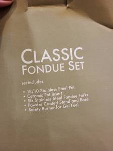 lot 231 image: Classic Fondue Set with Stainless Steel Pot, Ceramic Insert, and 6 Forks