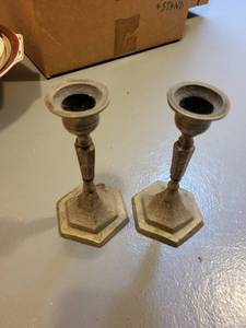 lot 233 image: Pair of Vintage Brass Engraved Candle Holders