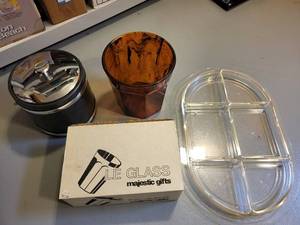 lot 244 image: Vintage Barware Set with Ice Bucket, Amber Tumblers, Serving Tray, and Waste Bin