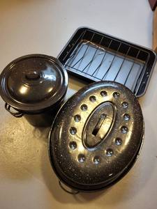 lot 245 image: Collection of Graniteware Roaster, Steamer Pot with Inserts, Roasting Pan and Aluminum Baking Sheet