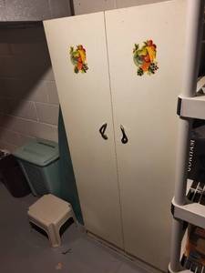 lot 255 image: White Metal Storage Cabinet with Shelves and Fruit Design