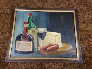 lot 261 image: Framed Still Life Oil Painting with Wine, Cheese, and Sausage, 35x45cm