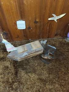 lot 263 image: Decorative Nautical Set Wooden Sailboat, Seagull Sculpture, and Bronze Baby Shoe