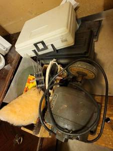 lot 290 image: Dunlap 14 HP Bench Grinder with Wire Wheels, Buffing Pads, and Accessory Cases