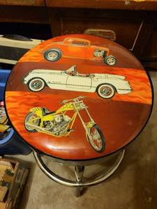 lot 296 image: Retro Chrome Bar Stool with Custom Hot Rod and Motorcycle Design