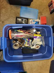 lot 306 image: Garage Tool and Accessory Lot with First Aid Kit and Storage Bins