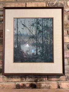 lot 5 image: Framed Woodland Landscape Print with Mat, 28x26 Inches