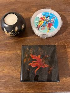 lot 17 image: Decorative Hand-Painted Candle Holder, Set of 4 Vintage Drink Coasters, and Lacquer Trinket Box