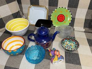 lot 50 image: Eclectic Collection of Decorative Bowls, Plates, Teapot, and Abstract Salt & Pepper Shakers