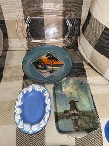 lot 53 image: Assorted Decorative Plates and Serving Trays Including Vintage Japan, Wedgwood, and Melamine Ware