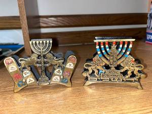lot 59 image: Pair of Vintage Brass Menorah Candle Holders with Lion and Tablet Motif