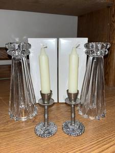 lot 124 image: Pair of Rosenthal Blossom Crystal Candlesticks and Two Ornate Metal Candle Holders