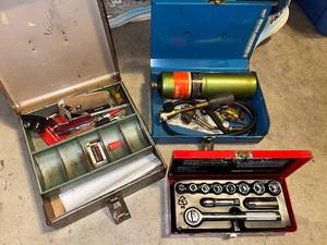 lot 303 image: Collection of 3 Metal Toolboxes with Husky Socket Set, Propane Torch, and Assorted Hand Tools