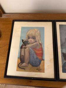 lot 73 image: Pair of Margaret Keane Big Eyes Prints with Cats Framed 1962