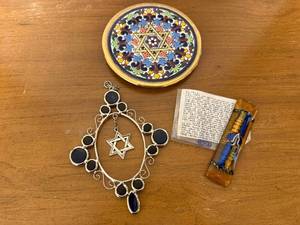 lot 74 image: Set of Judaica Items with Star of David Wall Hanging, Ceramic Plaque, and Mezuzah with Scroll