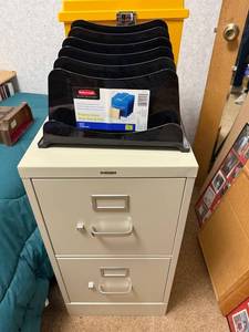 lot 76 image: 2-Drawer Filing Cabinet with Rubbermaid Desk Organizer and Yellow File Box