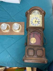 lot 77 image: Vintage Wall Pendulum Clock and Barometer Thermometer Set
