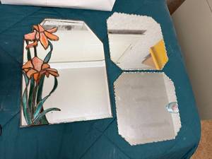 lot 78 image: Lot of 3 Decorative Wall Mirrors including Stained Glass Floral Mirror