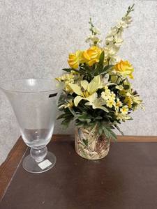 lot 83 image: Marquis by Waterford Glass Vase and Ceramic Planter with Artificial Floral Arrangement