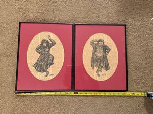 lot 93 image: Pair of Framed Ink Drawings on Vintage Text Pages Signed by Artist
