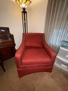 lot 103 image: Upholstered Burgundy Armchair with Accent Pillow