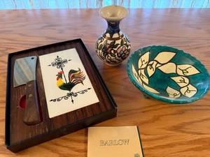 lot 108 image: Barlow Decorative Cheese Set with Tile, Hand-Painted Pottery Vase, and Ceramic Bowl