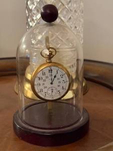 lot 113 image: Elgin Antique Pocket Watch in Glass Dome Display