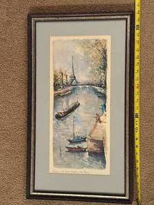 lot 183 image: Framed Watercolor Print Paris La Tour Eiffel et la Seine Signed Delarue