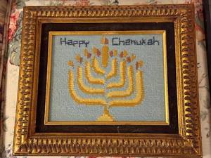 lot 184 image: Framed Needlepoint Happy Chanukah Menorah Art and Shalom Wall Hanging
