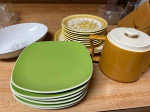 lot 191 image: Vintage Dinnerware Set with Corelle Plates, Kayona China Bowl, and Yellow Floral Stoneware