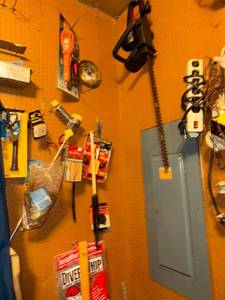 lot 309 image: Workshop Tool and Hardware Lot with Electric Hedge Trimmer and Accessories