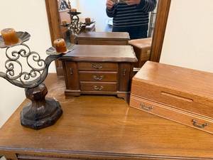 lot 68 image: Lot of 2 Wooden Jewelry Boxes and Ornate Metal Candle Holder