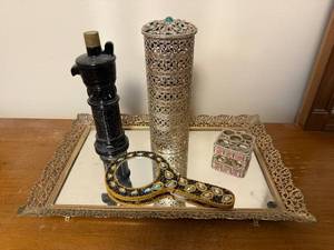 lot 69 image: Vintage Vanity Set with Ornate Mirror Tray, Beaded Hand Mirror, and Accessories