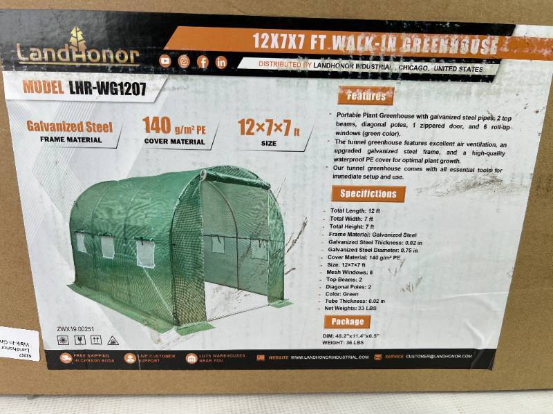 lot 833 image: Landhonor 12 x 7 x 7 Ft Walk-in Greenhouse (LHR-WG1207)