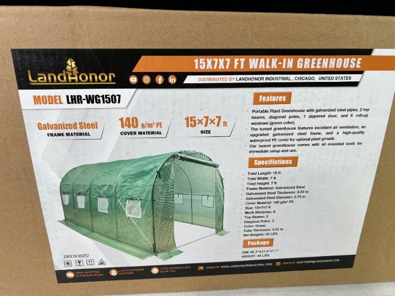 lot 930 image: Landhonor 15 x 7 x 7 Ft Walk-in Greenhouse (LHR-WG1507)