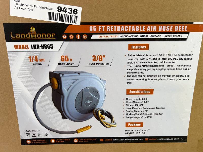 lot 9436 image: Landhonor 65 Ft Retractable Air Hose Reel (LHR-HR65)