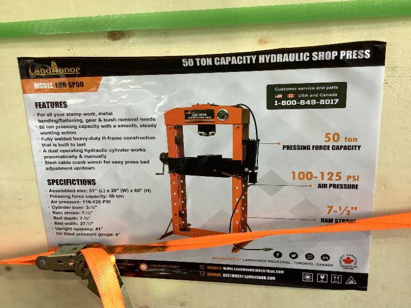 lot 3750 image: Landhonor 50 Ton Capacity Hydraulic Shop Press (LHR-SP50)