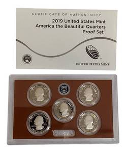 lot 15 image: 2019 America the Beautiful Coin Set in Gem Proof condition with S Mint coins and a certificate of authenticity.