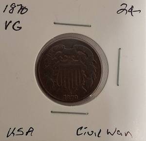 lot 20 image: 1870 Civil War Era Two-Cent Coin in Nice Condition for Being 155 Years Old