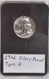 lot 50 image: 1961 Silver Proof Quarter - Very Nice Type 2 Condition