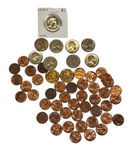 lot 55 image: This lot is in AU condition and includes 1958 Lincoln pennies, early 1960s quarters, and 1979-S Susan B. Anthony dollars.