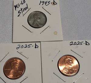 lot 81 image: A 1943-D MS-60 steel penny and two 2025-D pennies were made last year.
