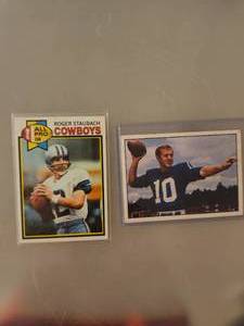lot 168 image: 1979 Topps Roger Staubach football trading card and 1981 TCMA Greats Fran Tarkenton #2