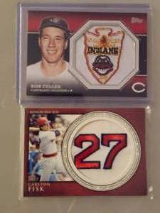 lot 171 image: Topps baseball trading cards featuring commemorative patches for Bob Feller and Carlton Fisk.