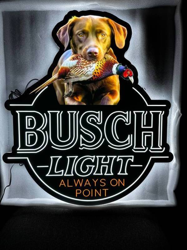 lot 170 image: Busch Light Hunting Dog, Chocolate Lab with Pheasant, LED sign, NIB