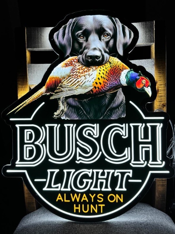 lot 171 image: Busch Light Hunting Dog, Black Lab with Pheasant, LED sign, NIB