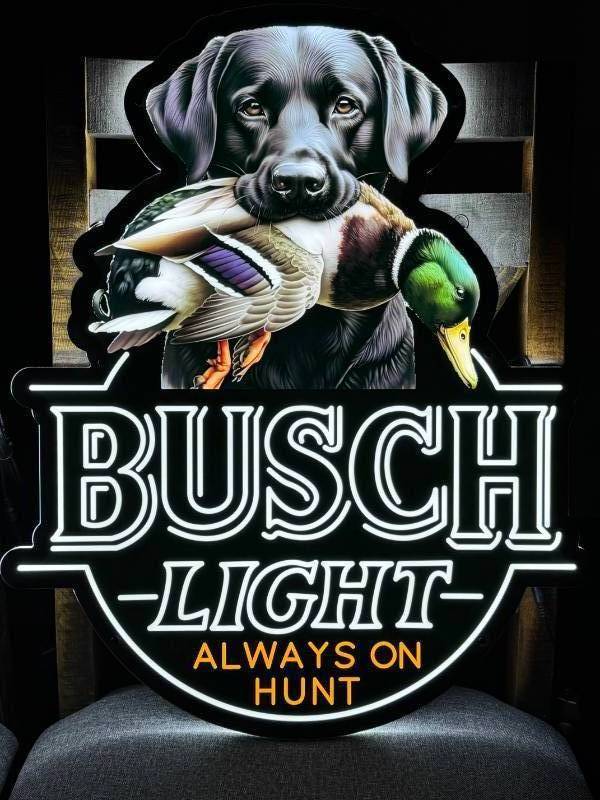 lot 172 image: Busch Light Hunting Dog, Black Lab with Mallard Duck, LED sign, NIB