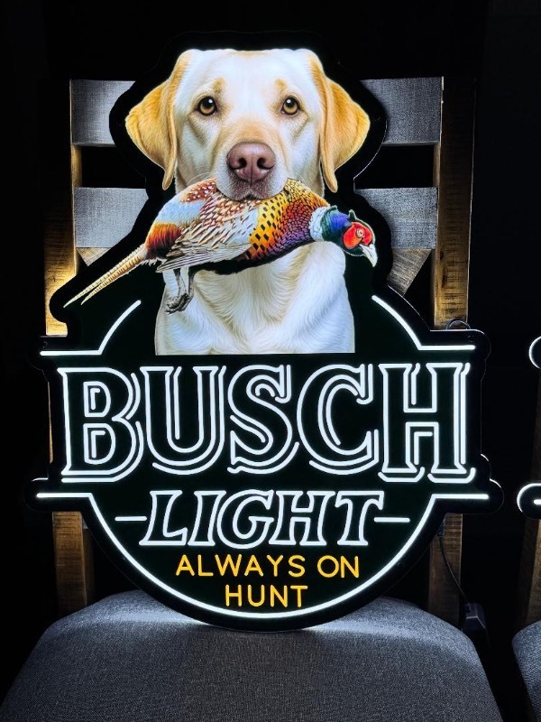lot 173 image: Busch Light Hunting Dog, Yellow Lab with Pheasant, LED sign, NIB